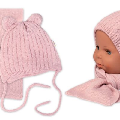 Zimná čiapka na zaväzovanie s brmbolcami + šál, Baby Nellys - púdrovo ružová, vel. 74/80
