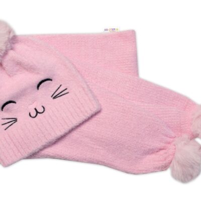 Zimná čiapka s brmbolcom + šál, Kitty, Baby Nellys - ružová, veľ. 54/58