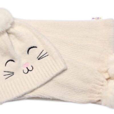 Zimná čiapka s brmbolcom + šál, Kitty, Baby Nellys - smotanová, veľ. 54/58