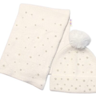 Zimná čiapka s brmbolcom + šál, Pearls, Baby Nellys - smotanová, veľ. 54/58