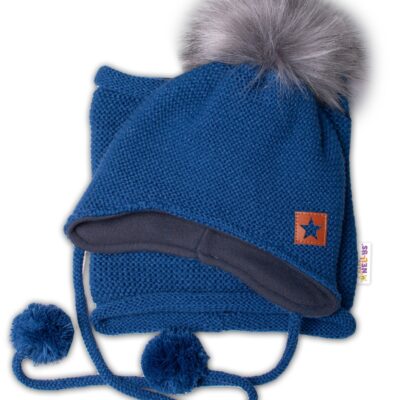 Zimná čiapka s fleecom a chlupáčková bambuľa Star + komínok - granát, 104/116