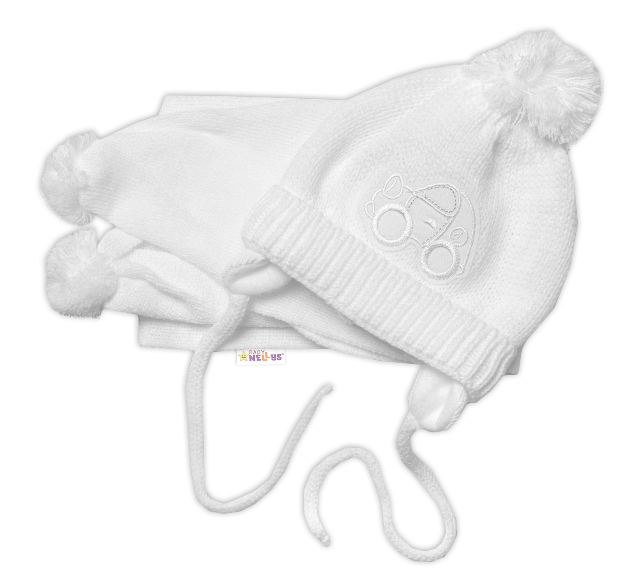 Baby Nellys: Zimná čiapka so šálom Autíčko (biela, 0-6m)