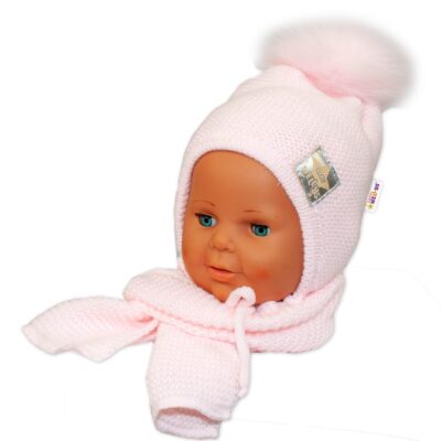 Zimná čiapočka so šálom: Bambuľky (sv. ružová)