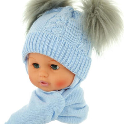 Zimná čiapočka so šálom: Bambuľky (sv. modrá)