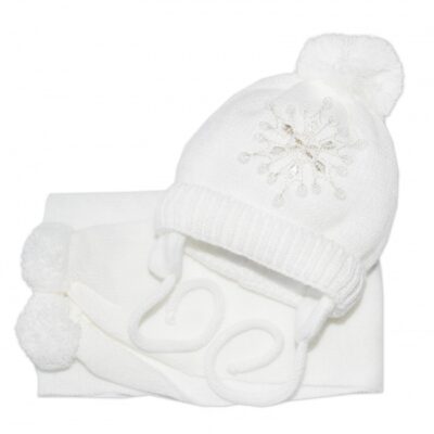 Zimná čiapočka s šálom - Snehová vločka v bielej, 0-6m
