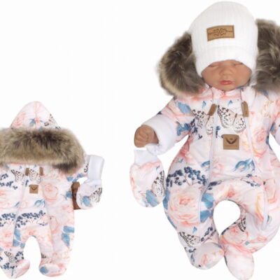 Zimná kombinéza s dvojitým zipsom, kapucňou + rukavičky, Z&Z Angel, ružičky,veľ.68