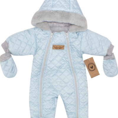 Zimná prešívaná kombinéza s kožušinou a kapucňou + rukavičky - modrá, veľ. 74