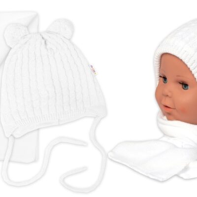 Zimní čepice na zavazování s bambulky + šál, Baby Nellys - bílá